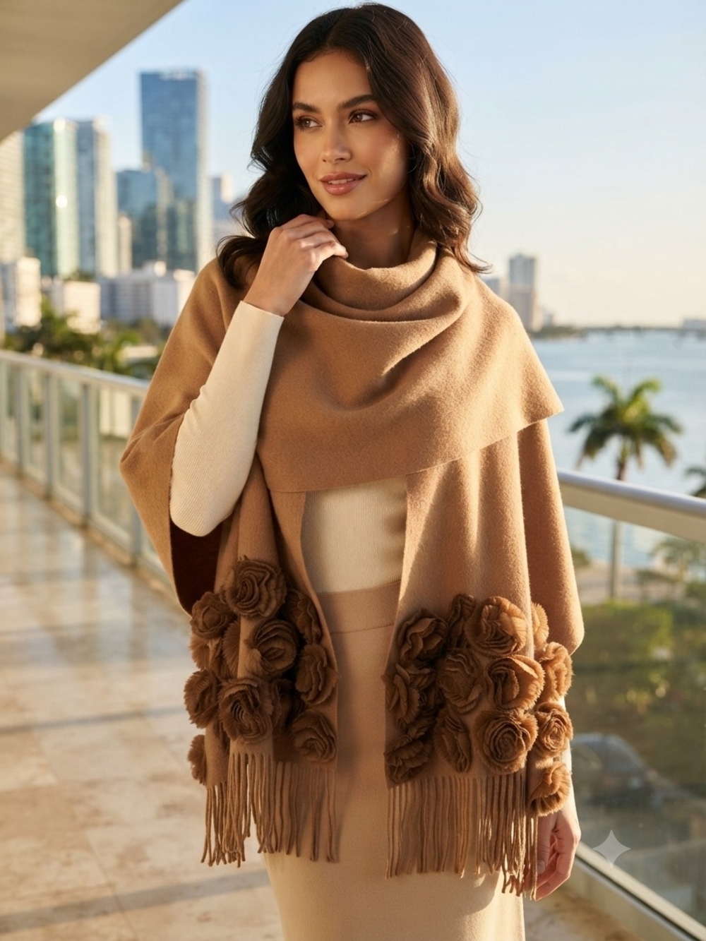 Cochni Italy Cashmere Fur Rosette Wrap O/S Fringe Poncho Sweater